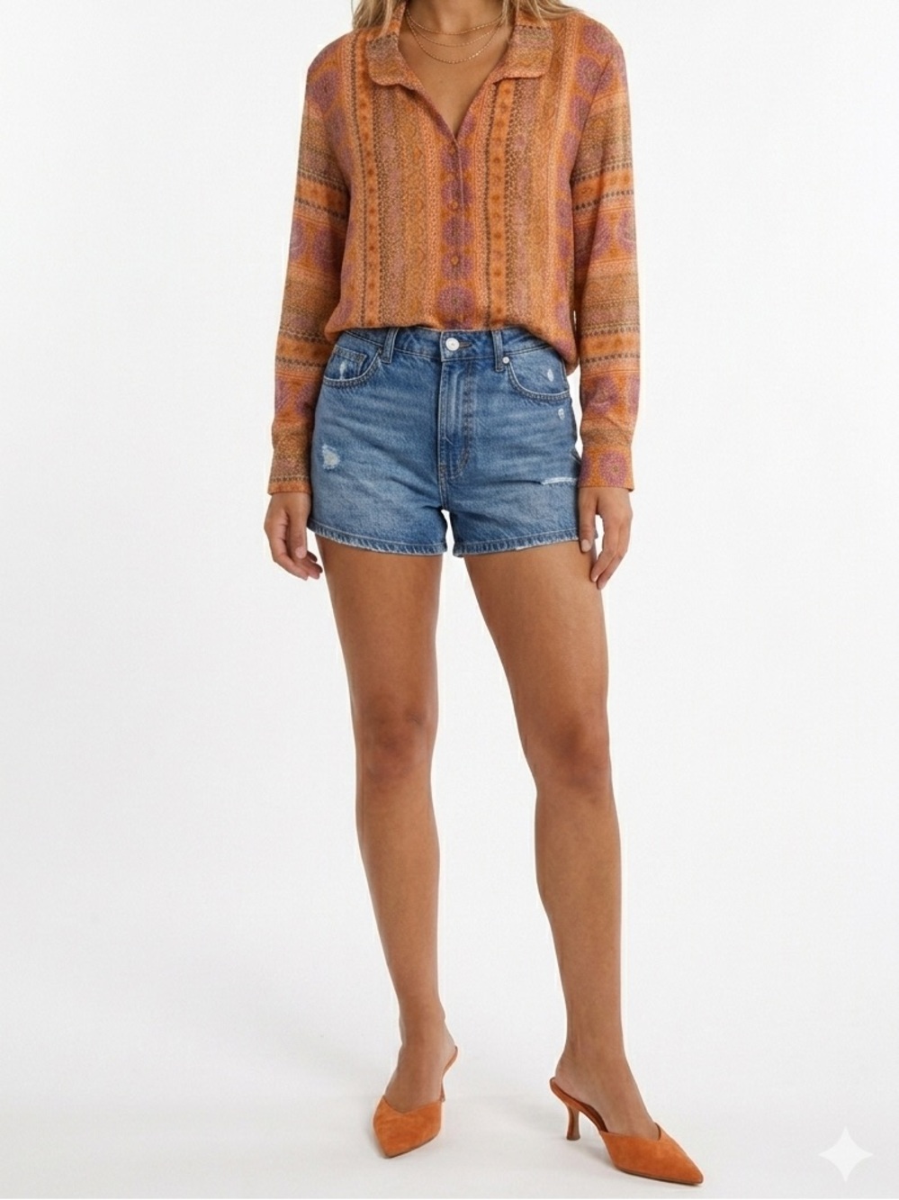 Women's Madame Polla Vintage Orange Paisley Print V-Neck Blouse Button Down